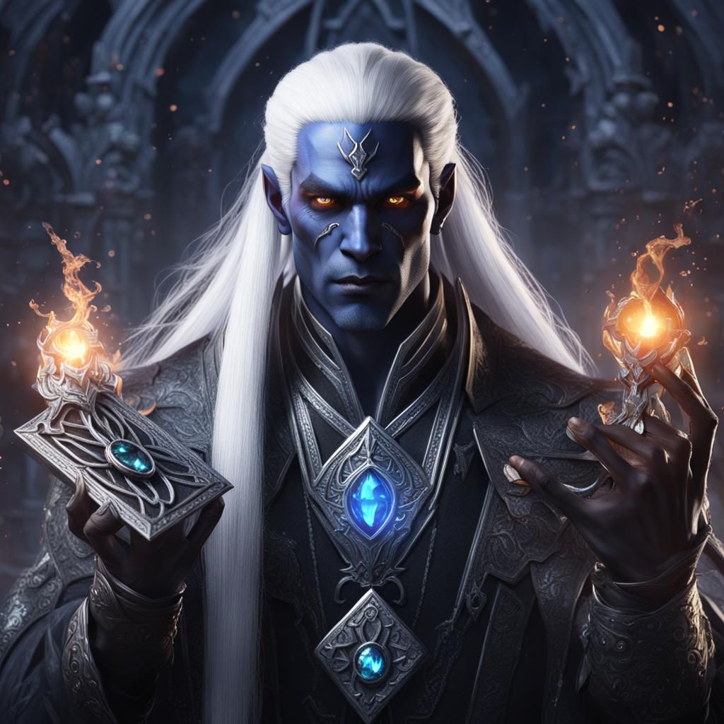 Drow Dao Genie Warlock with Crystal, Fantasy Art