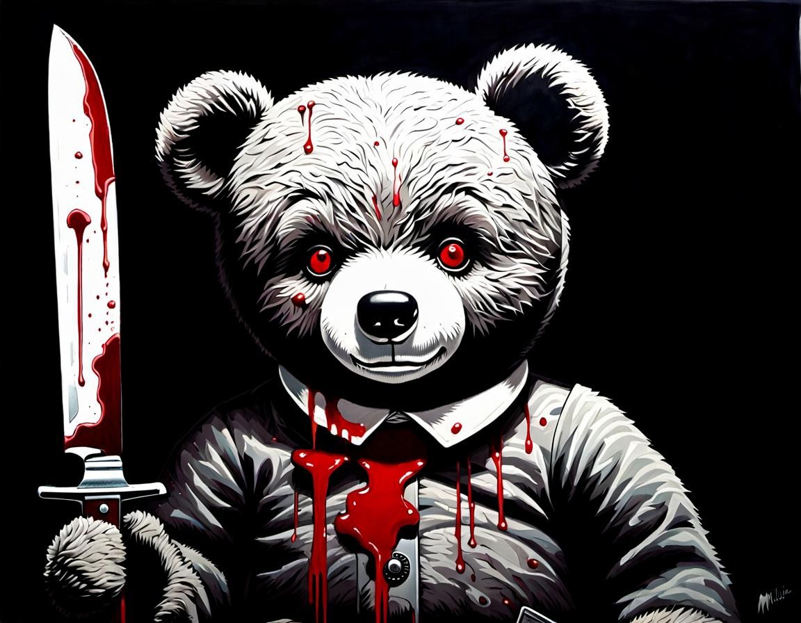 Menacing Teddy Bear with Knife in Kodomomuke Anime Style
