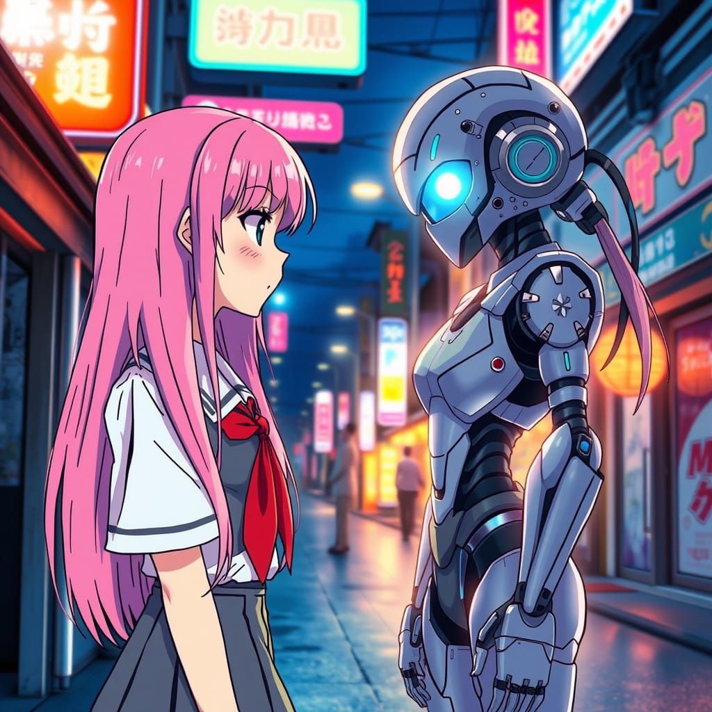 Anime Girls Meet Futuristic Robot on Neon Street