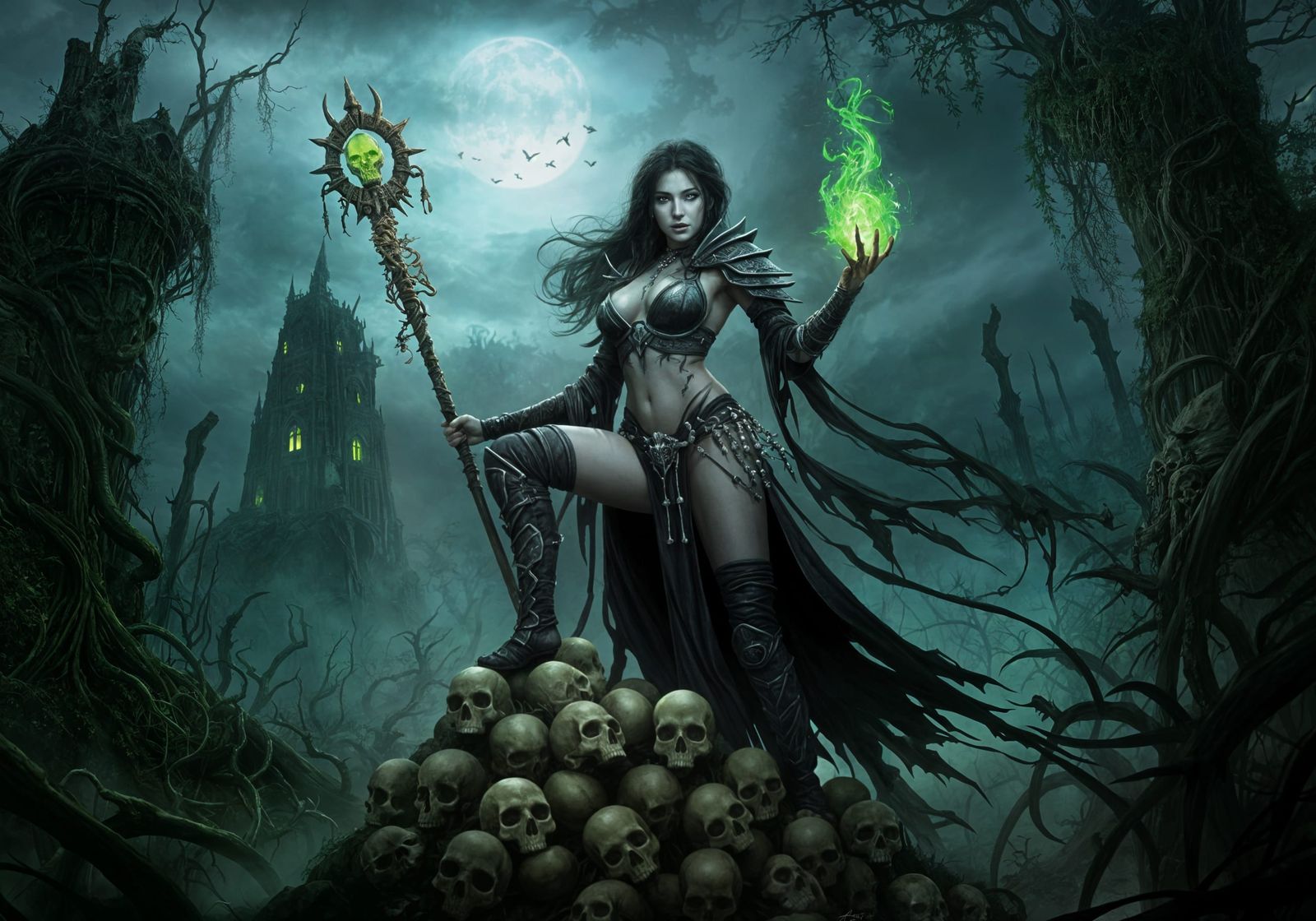 Dark Necromancer on Skull Pile in Fantasy Art