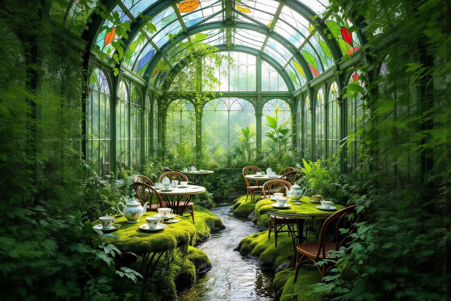 Enchanting Greenhouse Cafe with Bioluminescent Flora