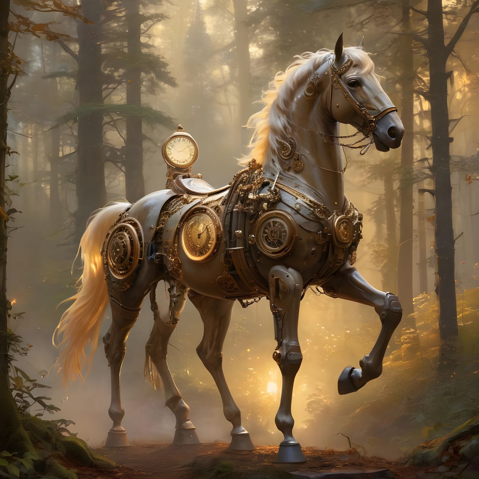 Half-Robot Clockwork Horse in Ethereal Fantasy Style