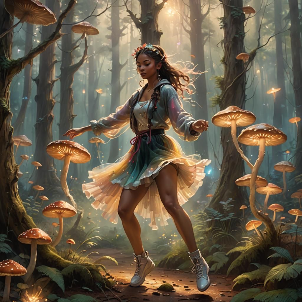 Ethereal Hip Hop Dancer in Mystical Forest