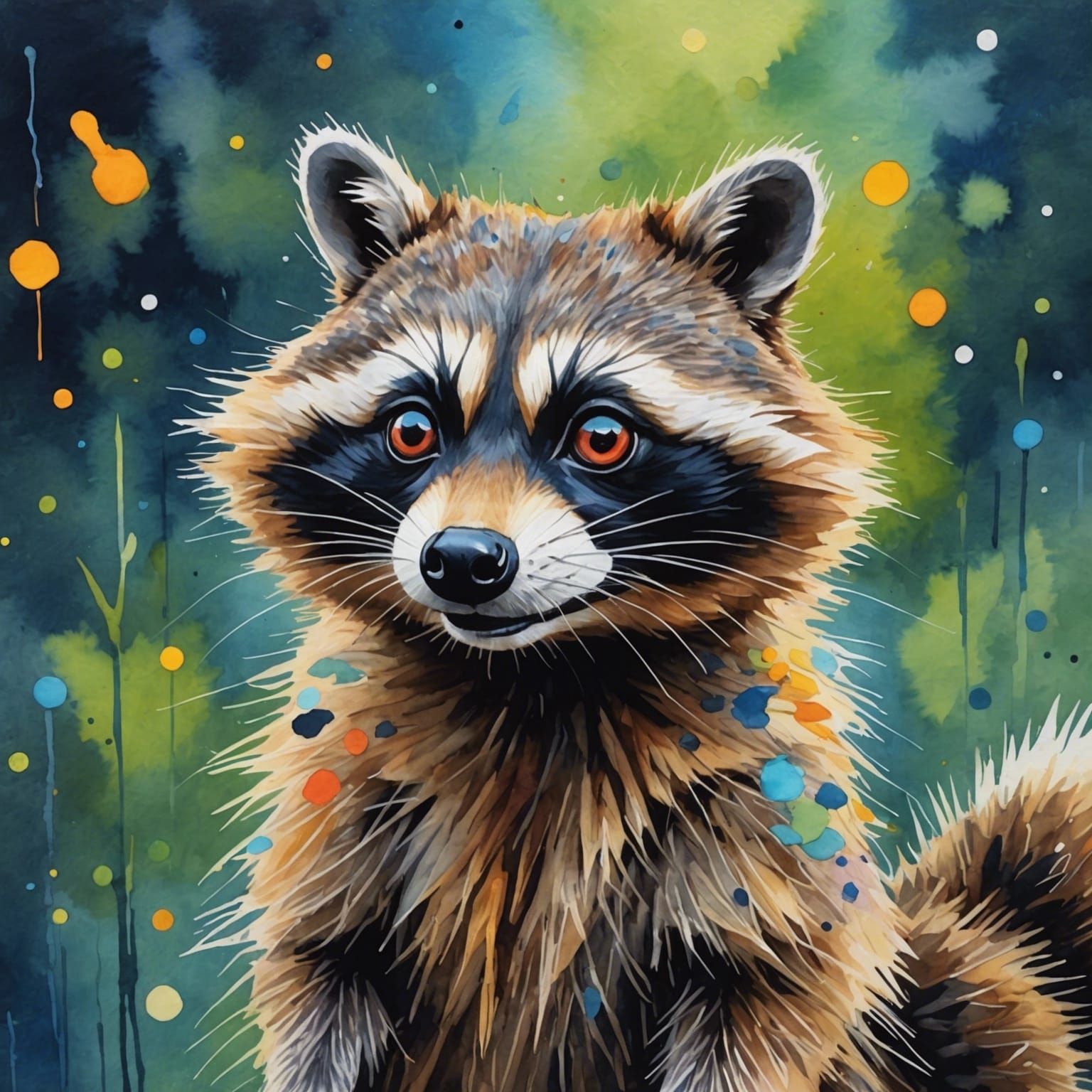 Cosmic Raccoon with Googly Eyes in Gouache Style