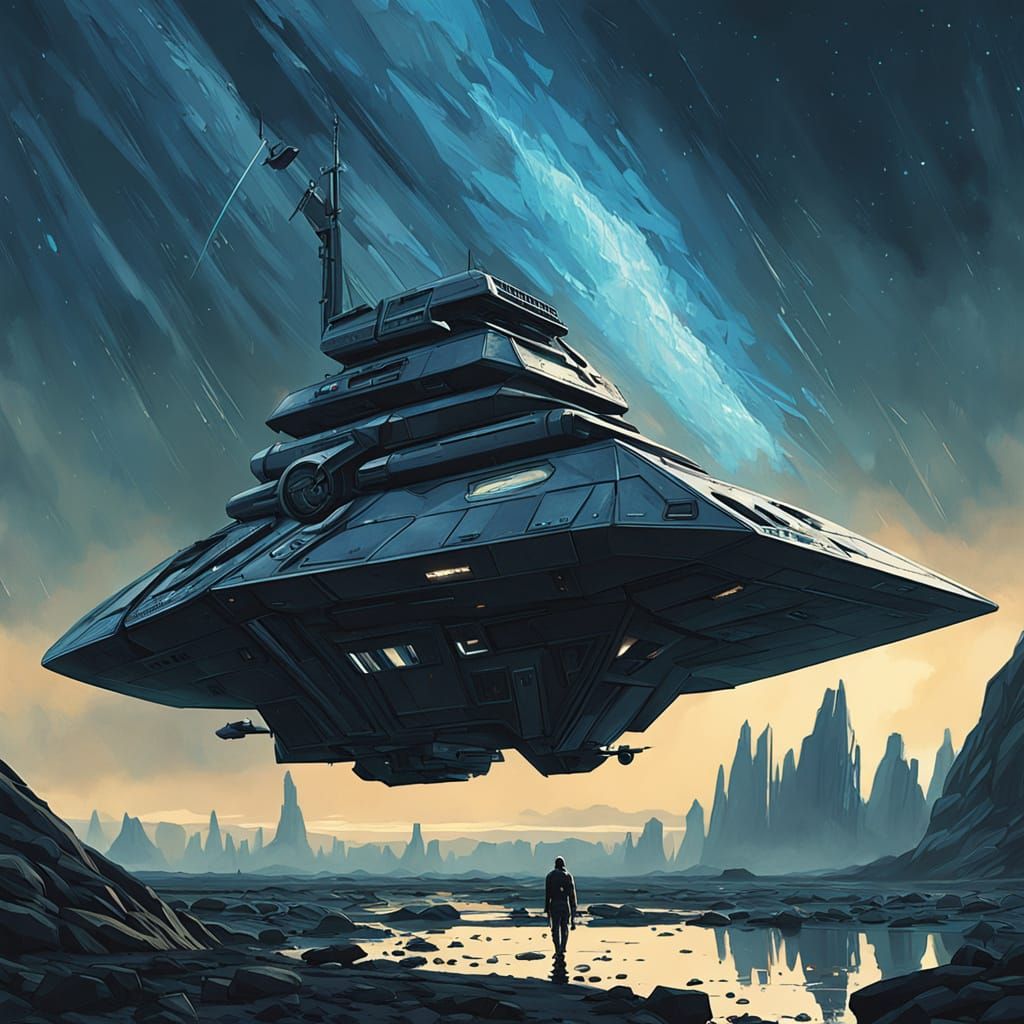 Futuristic Triangular Spaceship Destroyer in Cosmic Depths