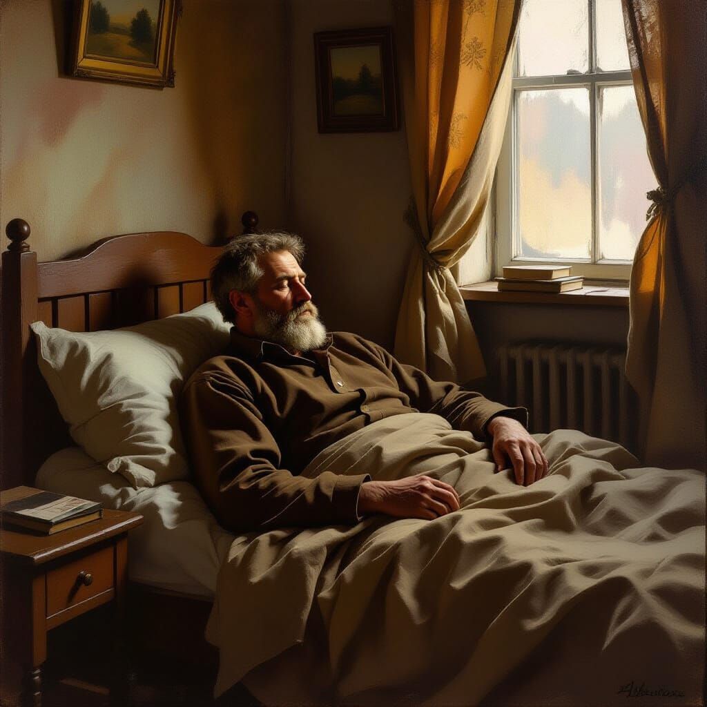Melancholic Man in 19th Century Russian Bedroom