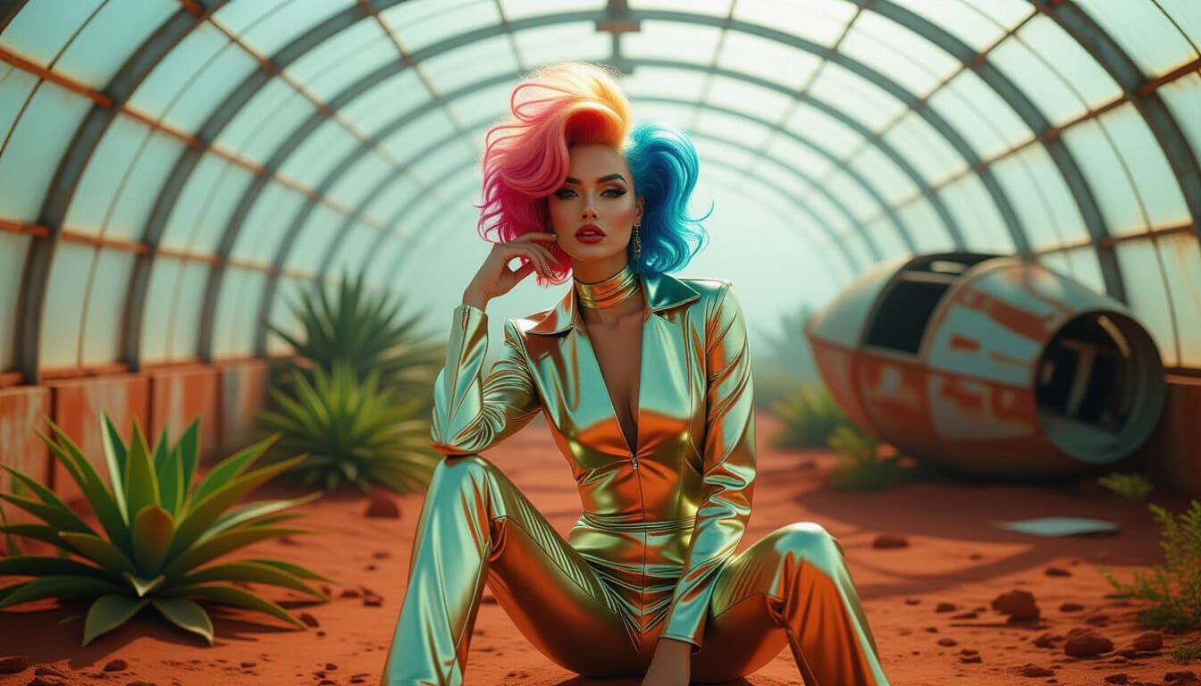 Glamorous Woman in Bioluminescent Martian Greenhouse