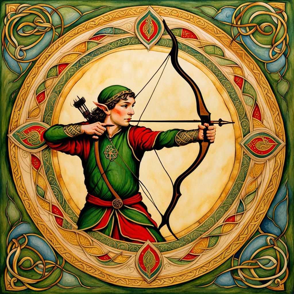 Celtic Elf Archer Aiming with Bow and Arrow
