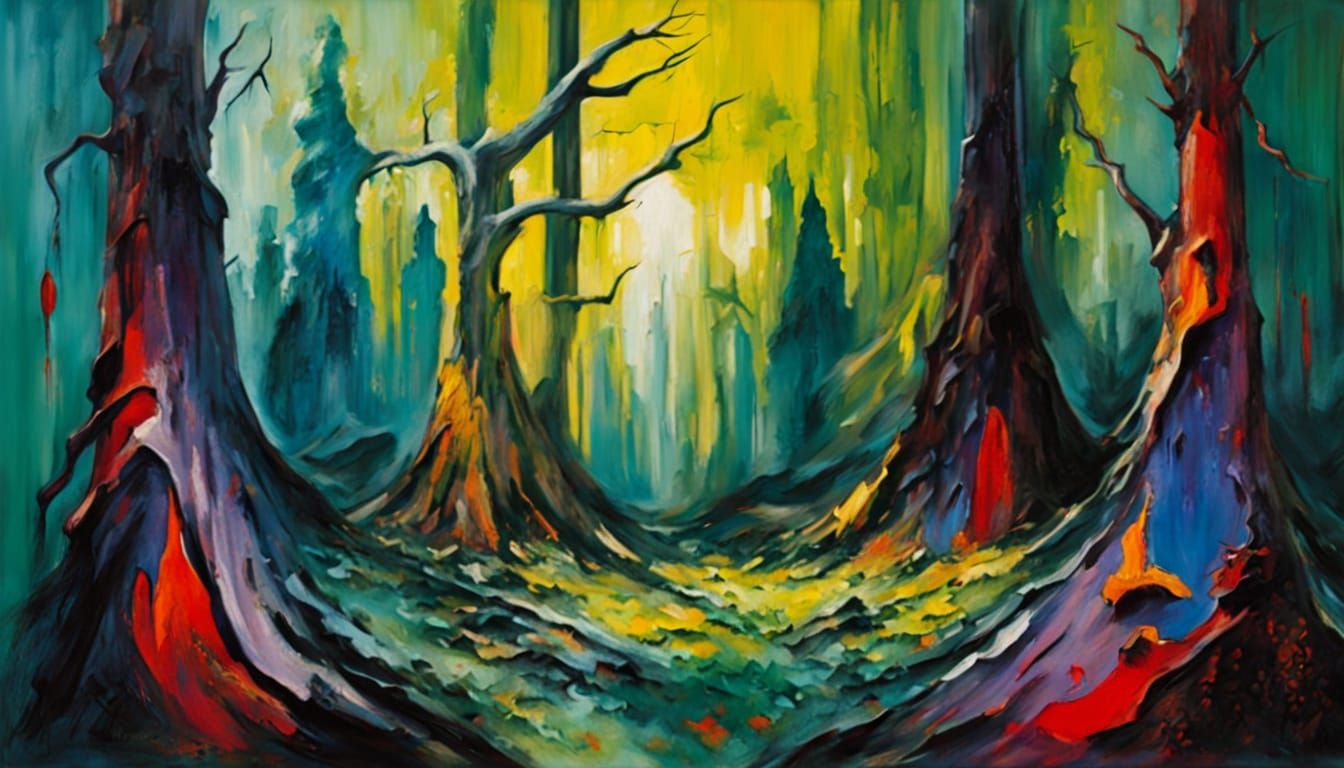 Surreal Ancient Forest in Vibrant, Expressive 3D Oil Paintin...