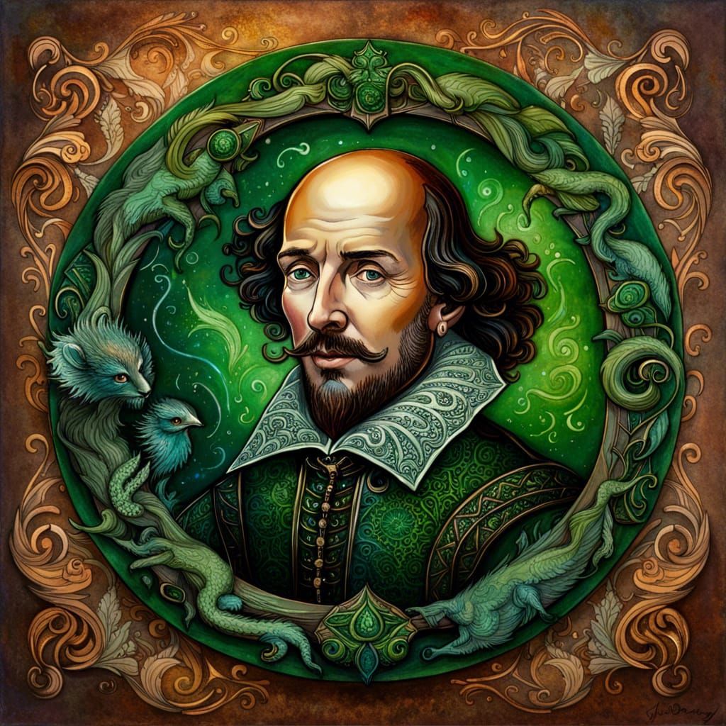 Shakespeare Portrait with Copper Frame, Gouache Watercolor