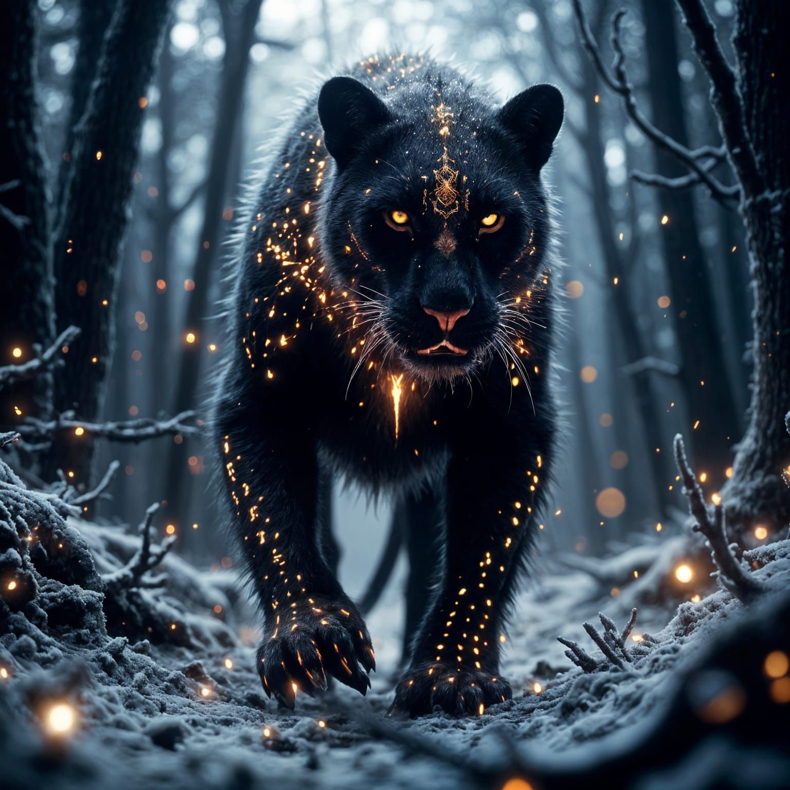 Mystical Golden Rune Panther in Snowy Night Scene