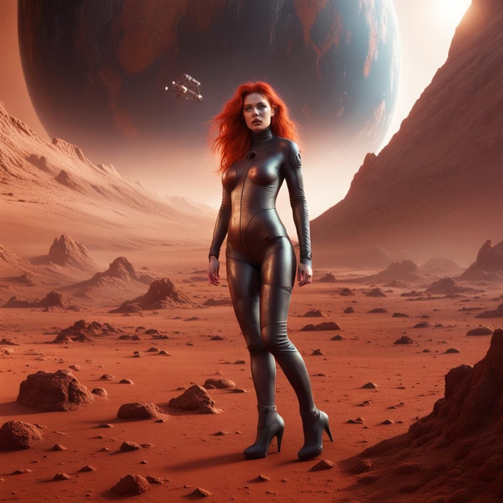 Redhead in Bodystocking on Mars: Fantasy Concept Art