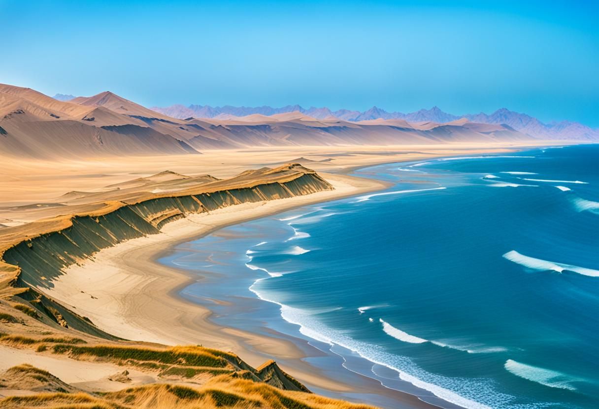 Panoramic Desert Coastline of Peru in Golden Light