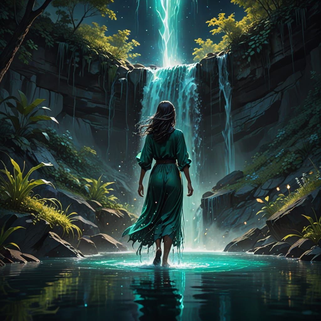 Ethereal Woman Walks on Bioluminescent Water Under Starry Ga...