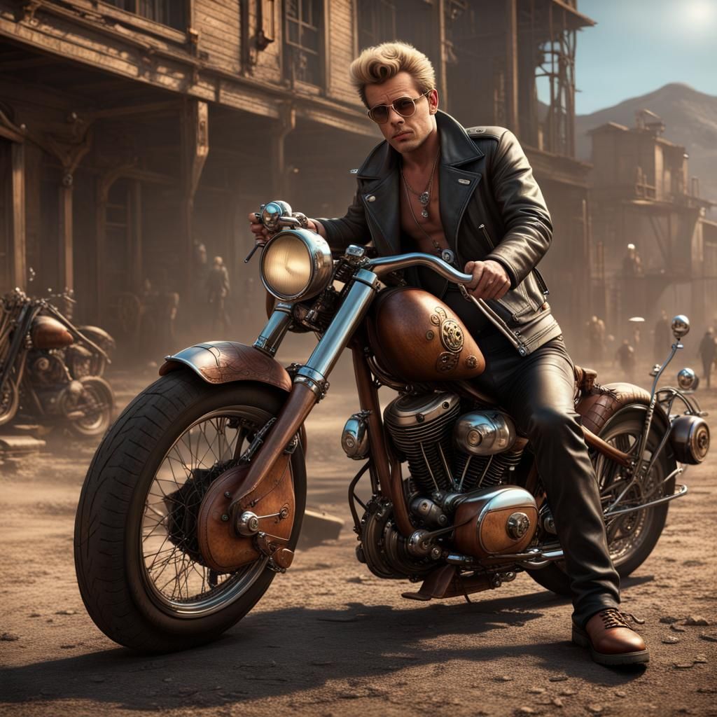Steampunk James Dean on Motorbike: Detailed Digital Art