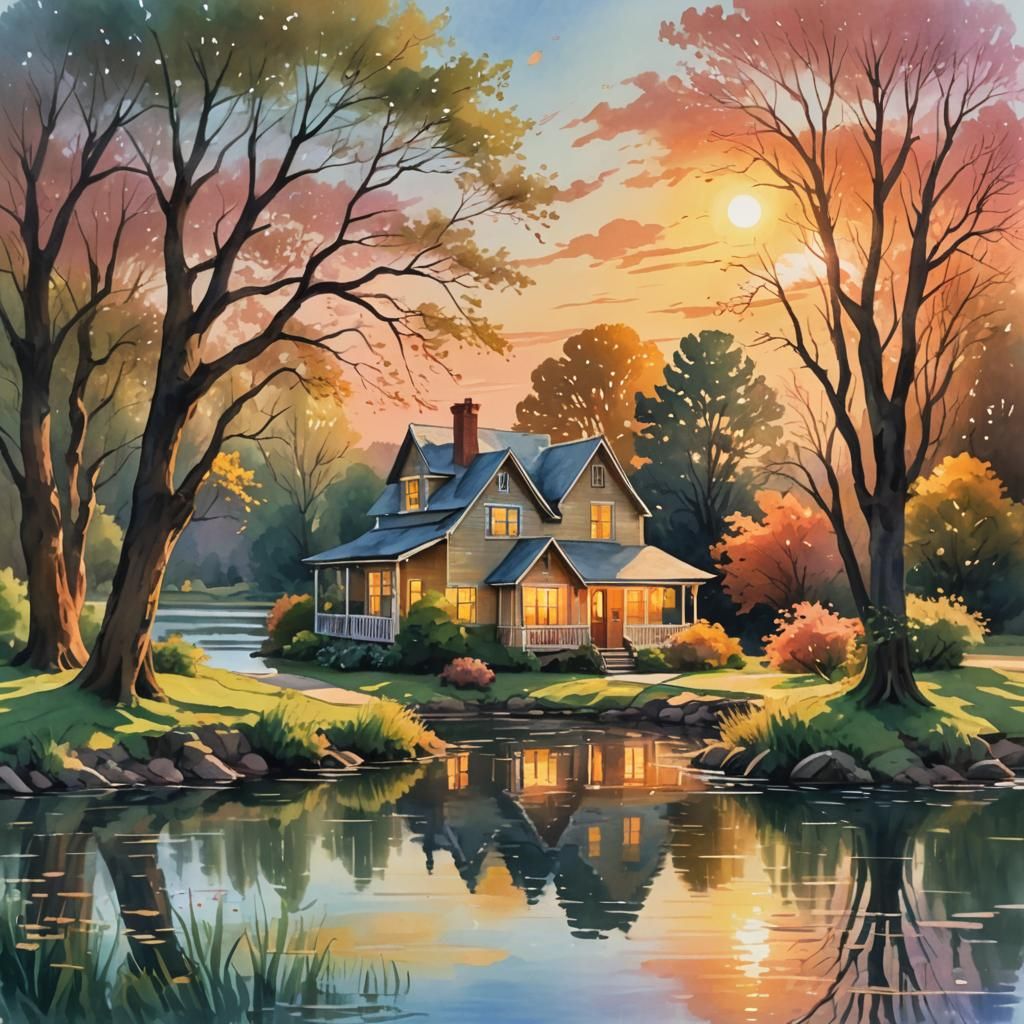 Charming House by River at Sunset: Watercolor Art