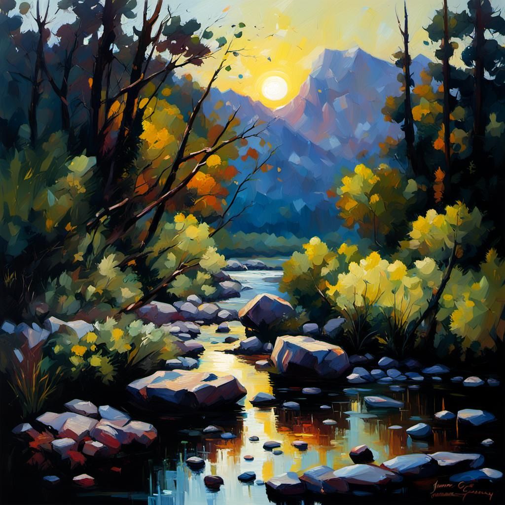 River Landscape Sunset: Oil Painting with Palette Knife