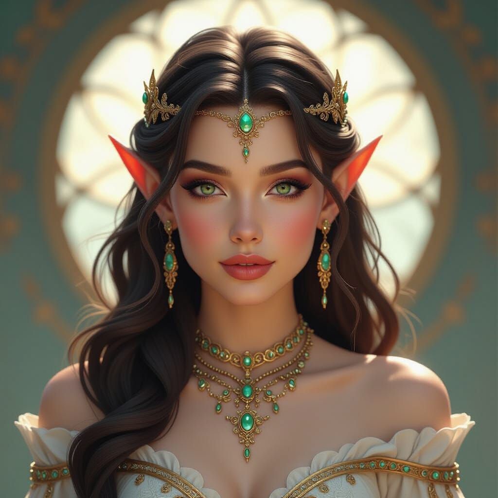 Elegant Elf Woman Portrait in Art Nouveau Style