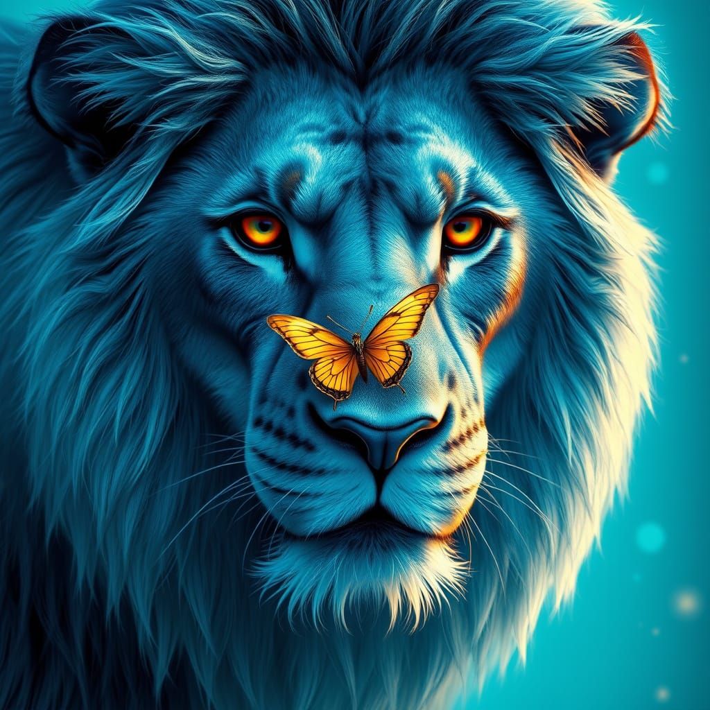 A blue lion with a turquoise sparkling blue background and a...