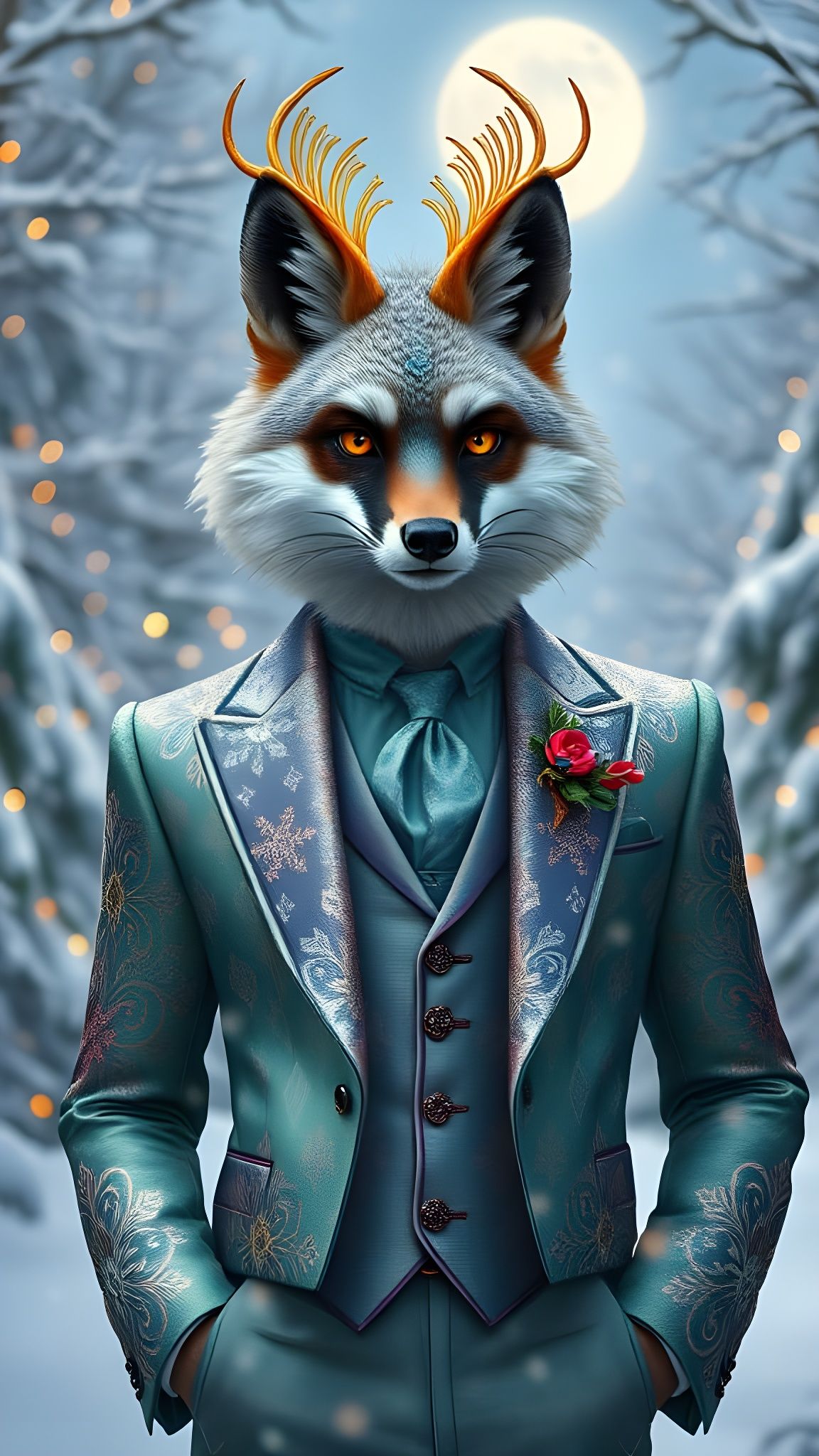 Arctic Fox-Peacock Hybrid in Festive Holiday Attire