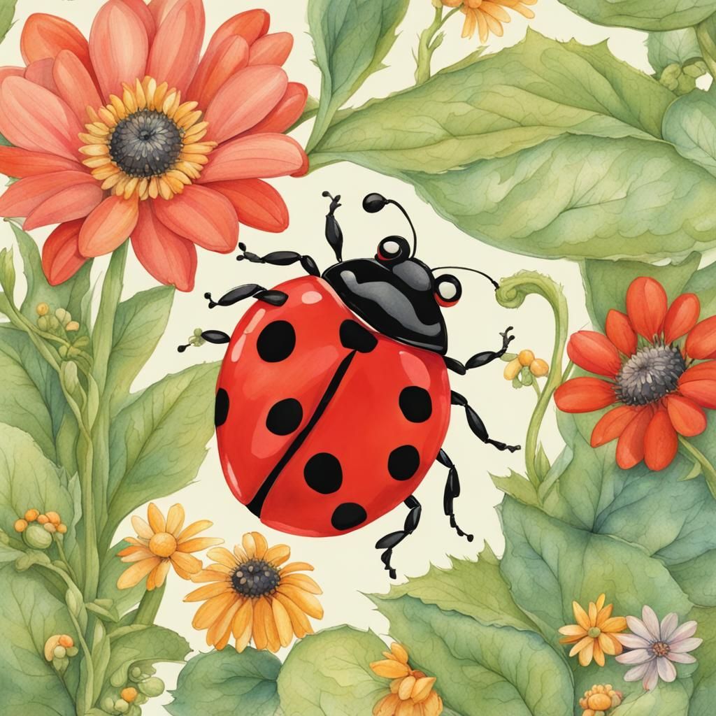Ladybug in Lush Garden, Naturalistic Illustration