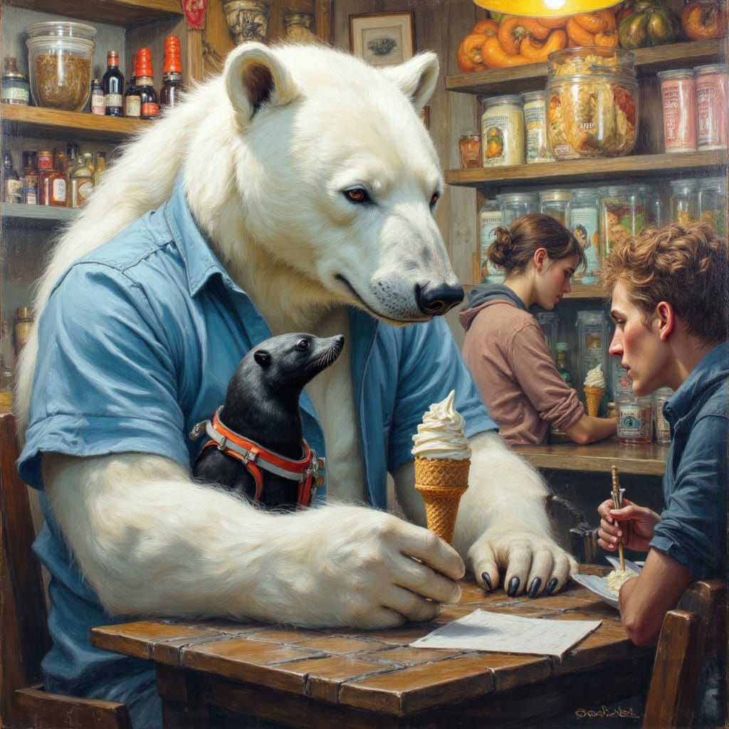 Polar Bear and Seal Share Ice Cream in Oil Painting Style