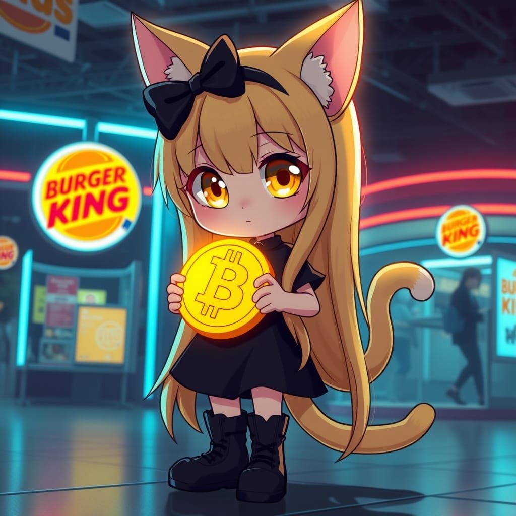 Futuristic Catgirl Buys Burger with Bitcoin