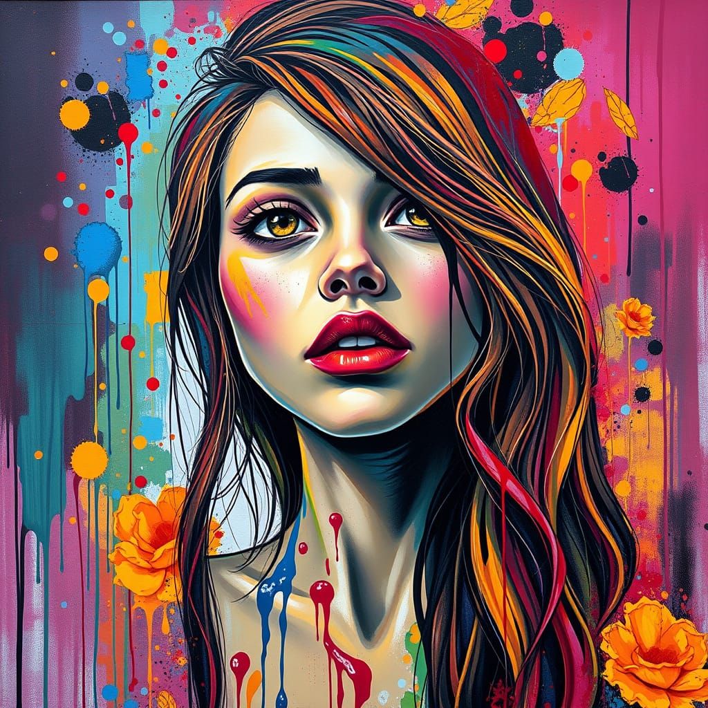 Vibrant Brunette Goddess in Kaleidoscopic Graffiti Wonderlan...