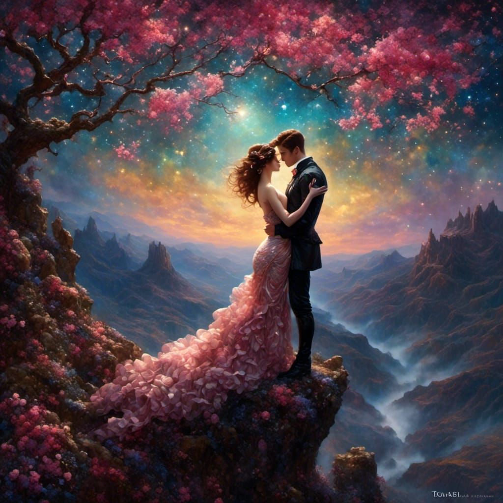 Steampunk Lovers Embrace Under Starry Sky