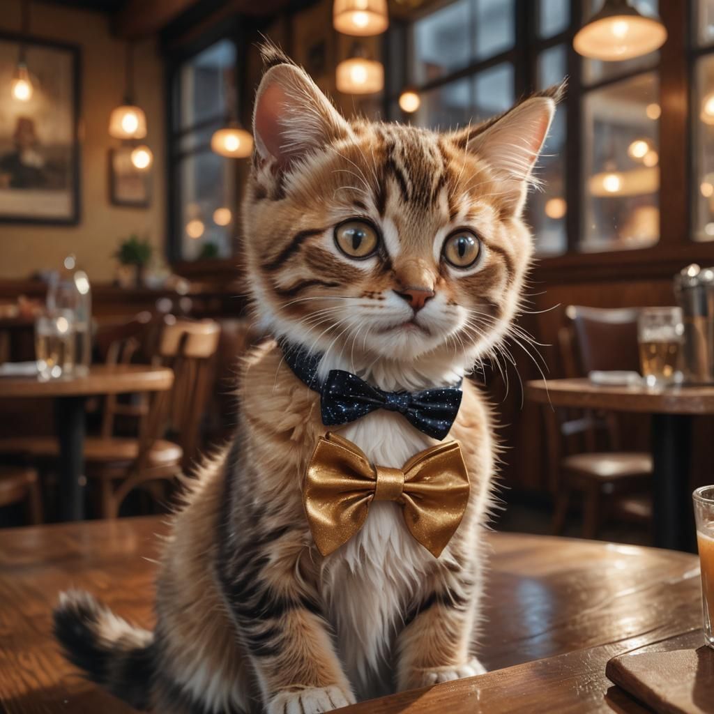 Kitten Portrait in Cozy Cafe: Hyperrealistic 8k Render