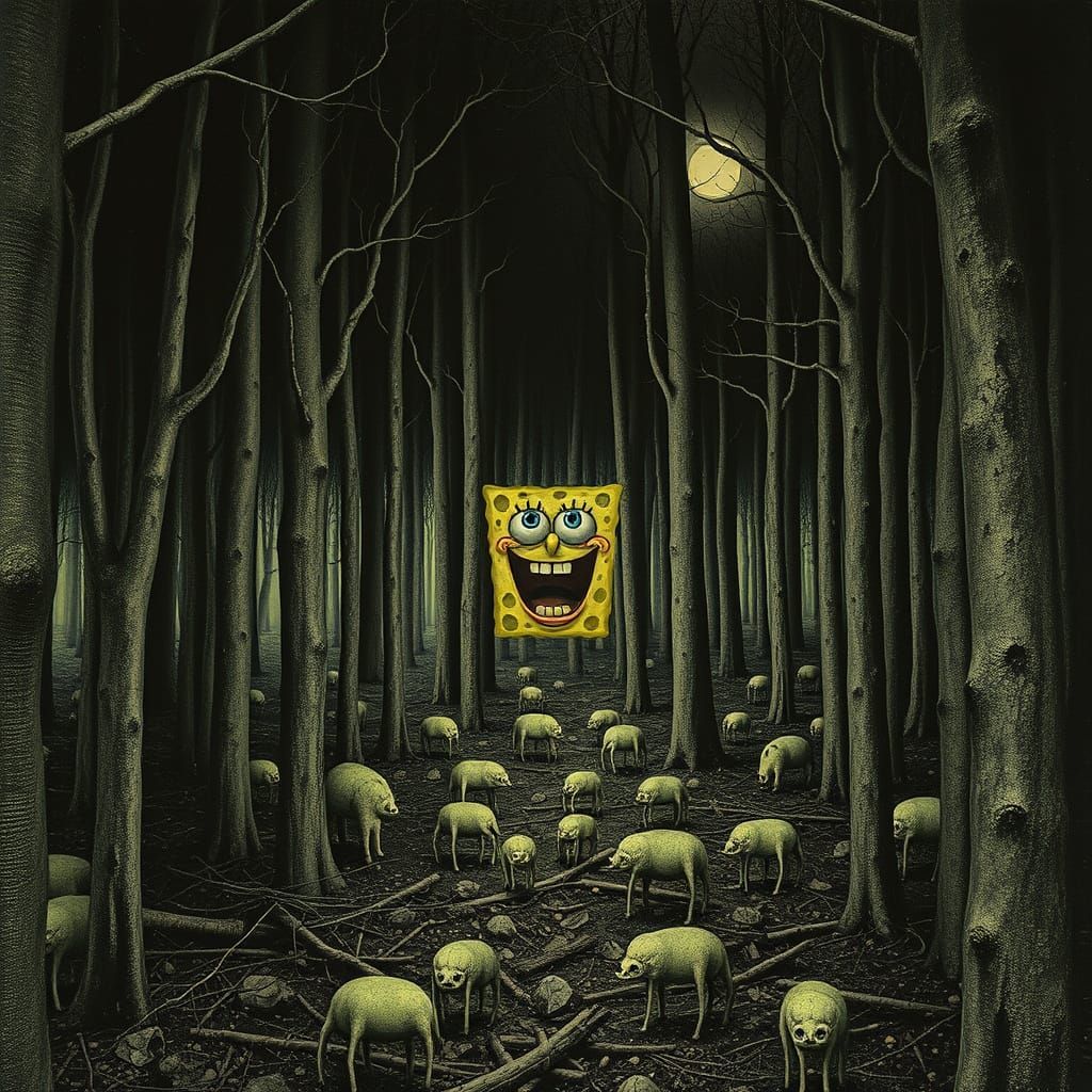 Surreal Twilight Forest with Exaggerated SpongeBob Eyes