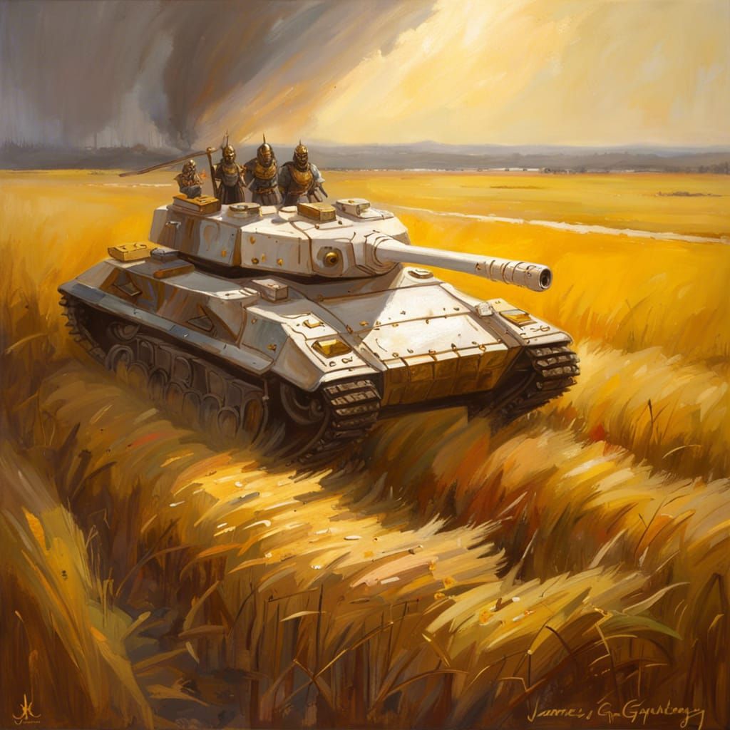 Gothic Battle Tank Through Autumnal Wheat Field