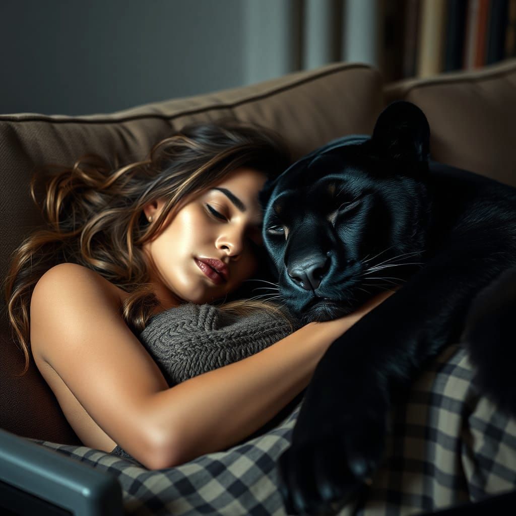 Exotic Woman Snuggling with Black Panther, Realistic Film St...