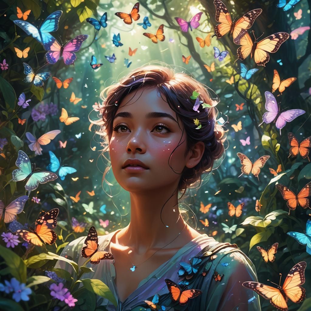 Lush Garden: Person Surrounded by Thought Butterflies