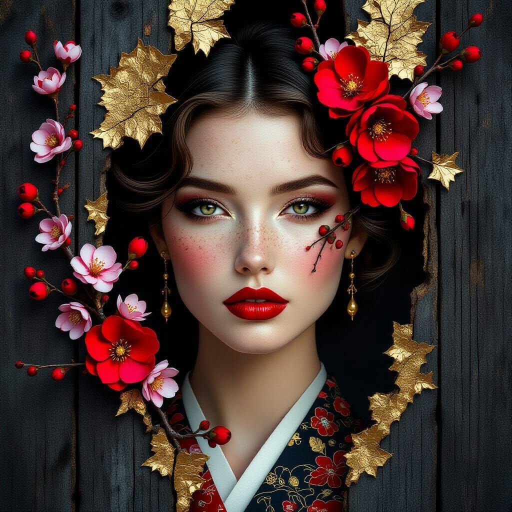 Surreal Female Sculpture with Gold Leaf and Flowers