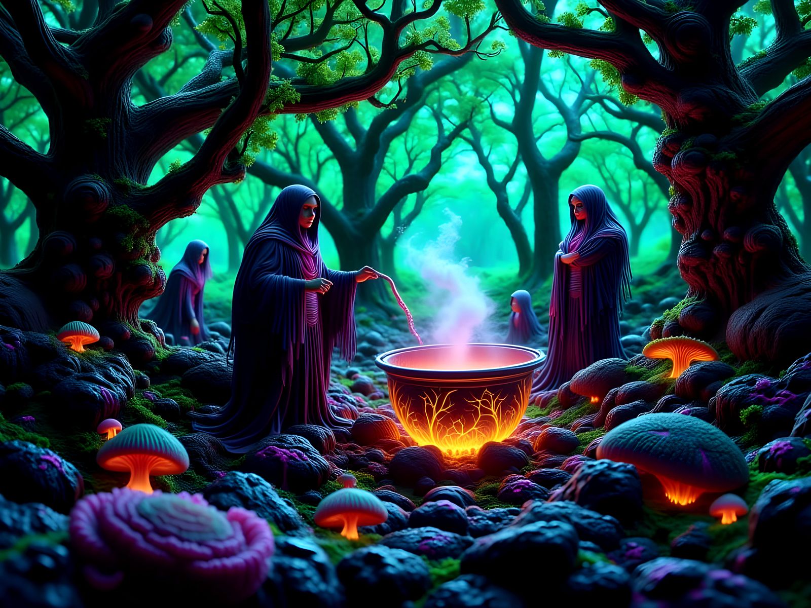 Cyberpunk Witches Cast Spell in Neon-Lit Grove
