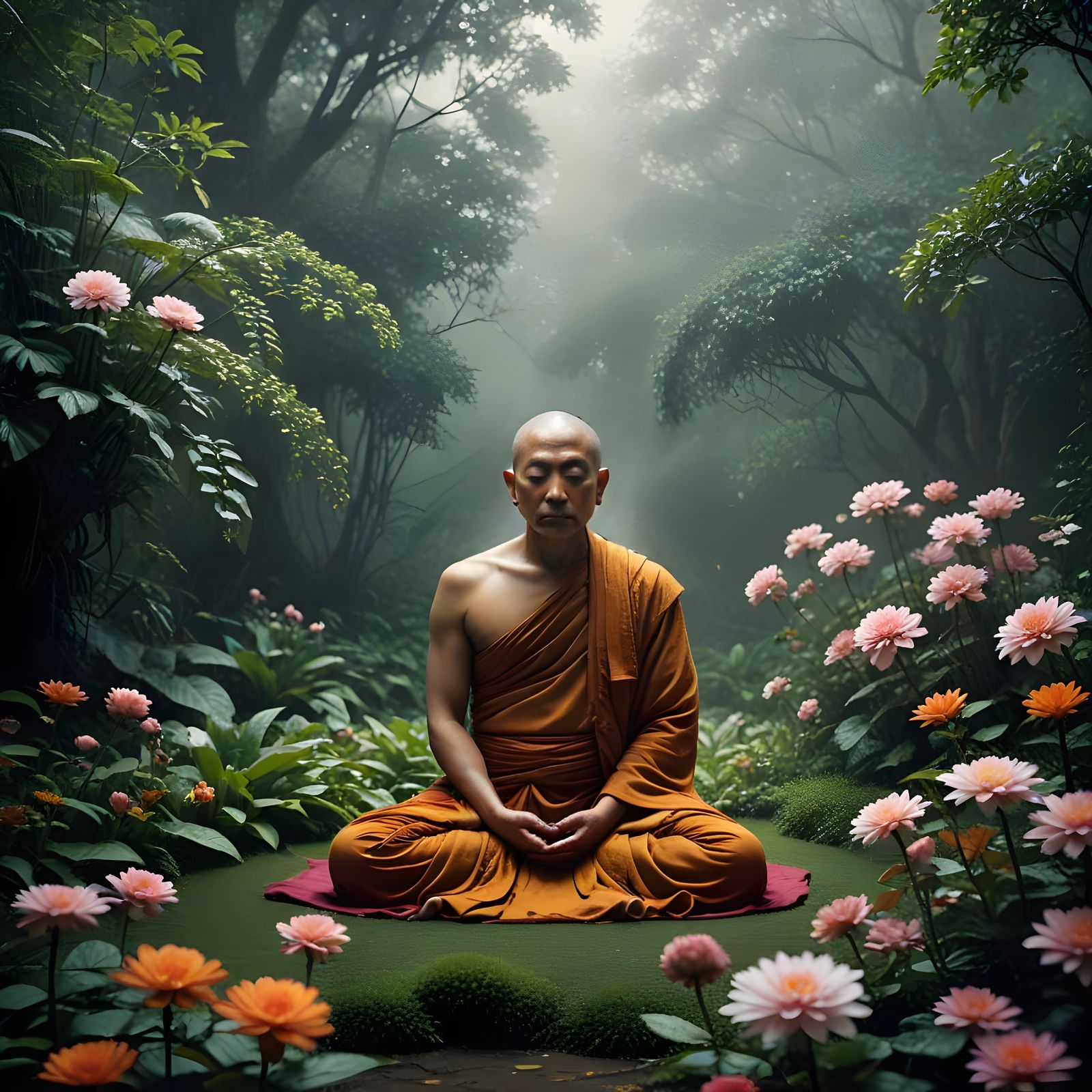 Spiritual Visions in Soft Focus: Serene Buddhist Monk in Mis...