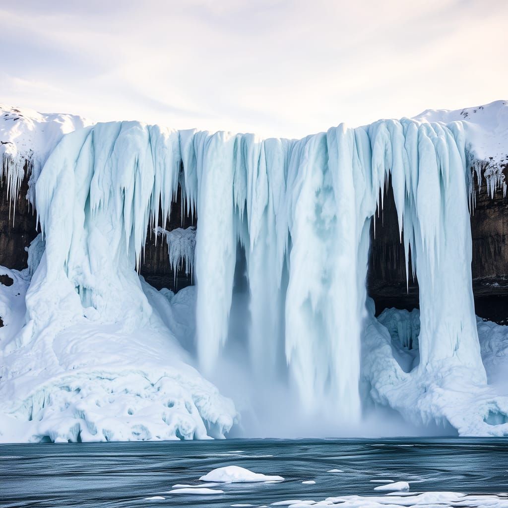 Frozen Waterfall Glows in Soft Winter Light