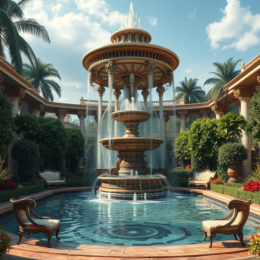 Opulent Garden Water Feature with Grand Fountain