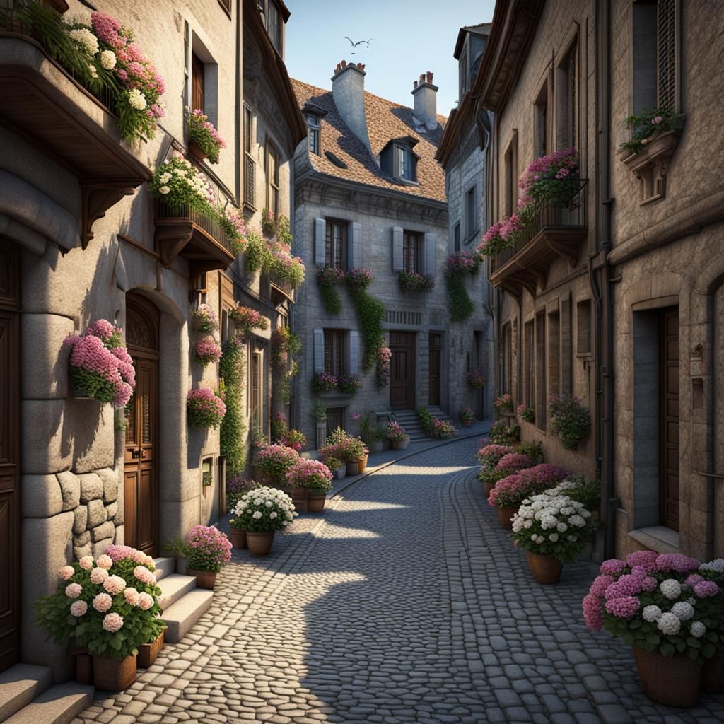 Charming French Mediterranean Cobblestone Street Scene