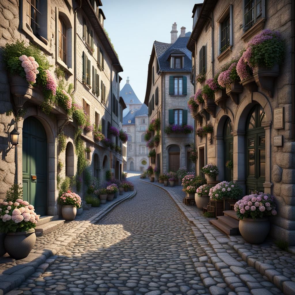 French Mediterranean Cobblestone Street with Stone Apartment...