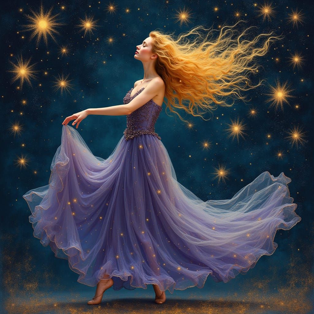 Whimsical Surrealist Dream Goddess Dances Amidst Cosmic Cons...