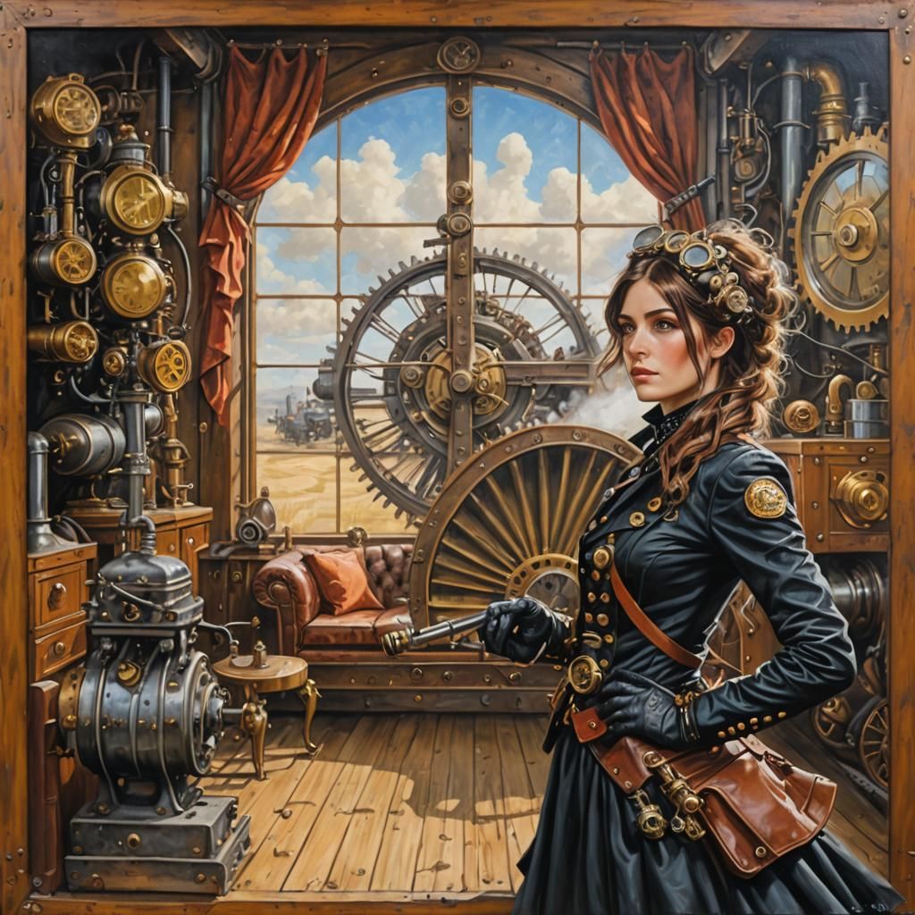 Steampunk Woman and Engine in Oil Painting Style