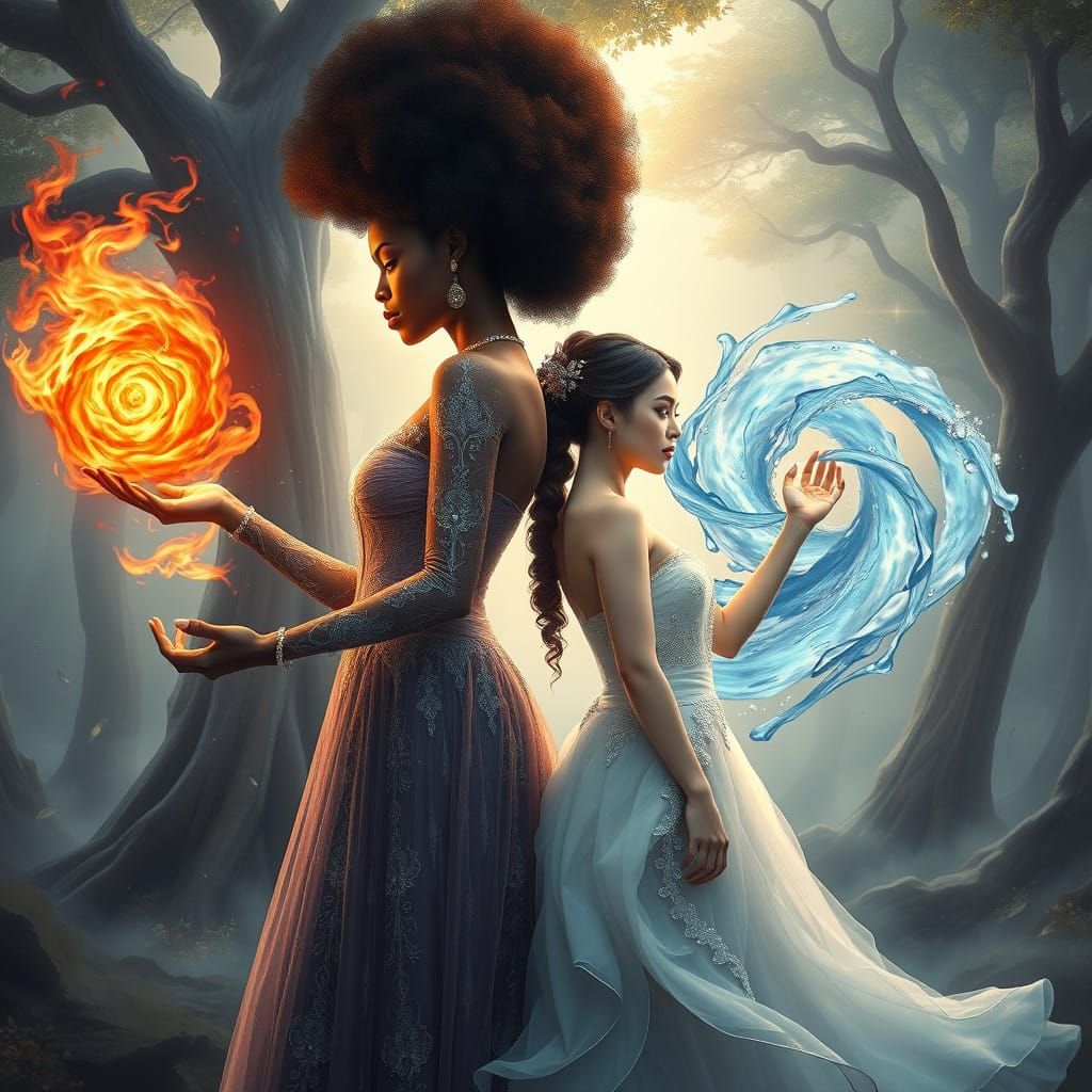Elemental Sorceresses in Ethereal Gowns, Summoning Flames an...
