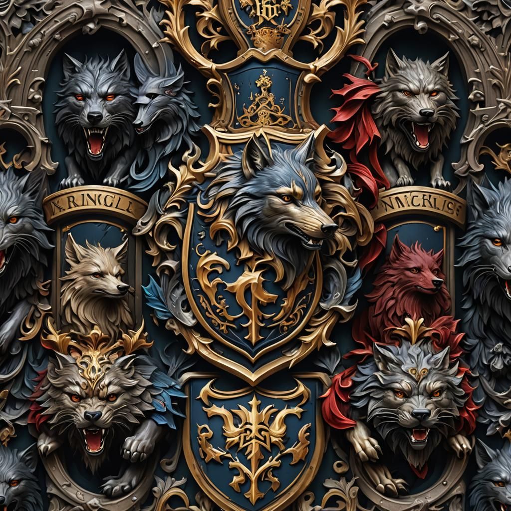Knightly Wolf Family Crest: Detailed Matte Painting