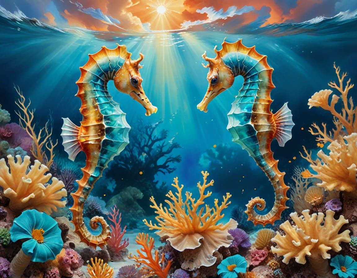 Surreal Seahorse Couple in Watercolor Oceanic Landscape