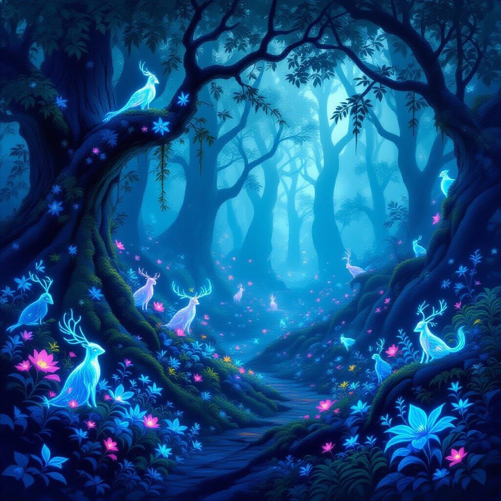 Ethereal Creatures and Glowing Flora in Enchanted Forest