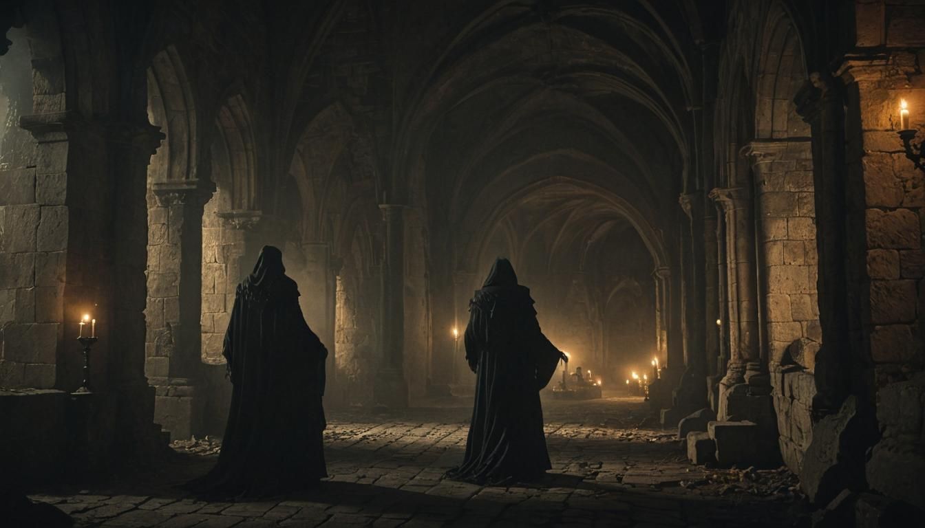 Dark Fantasy Figure in Gothic Abbey at Golden Hour