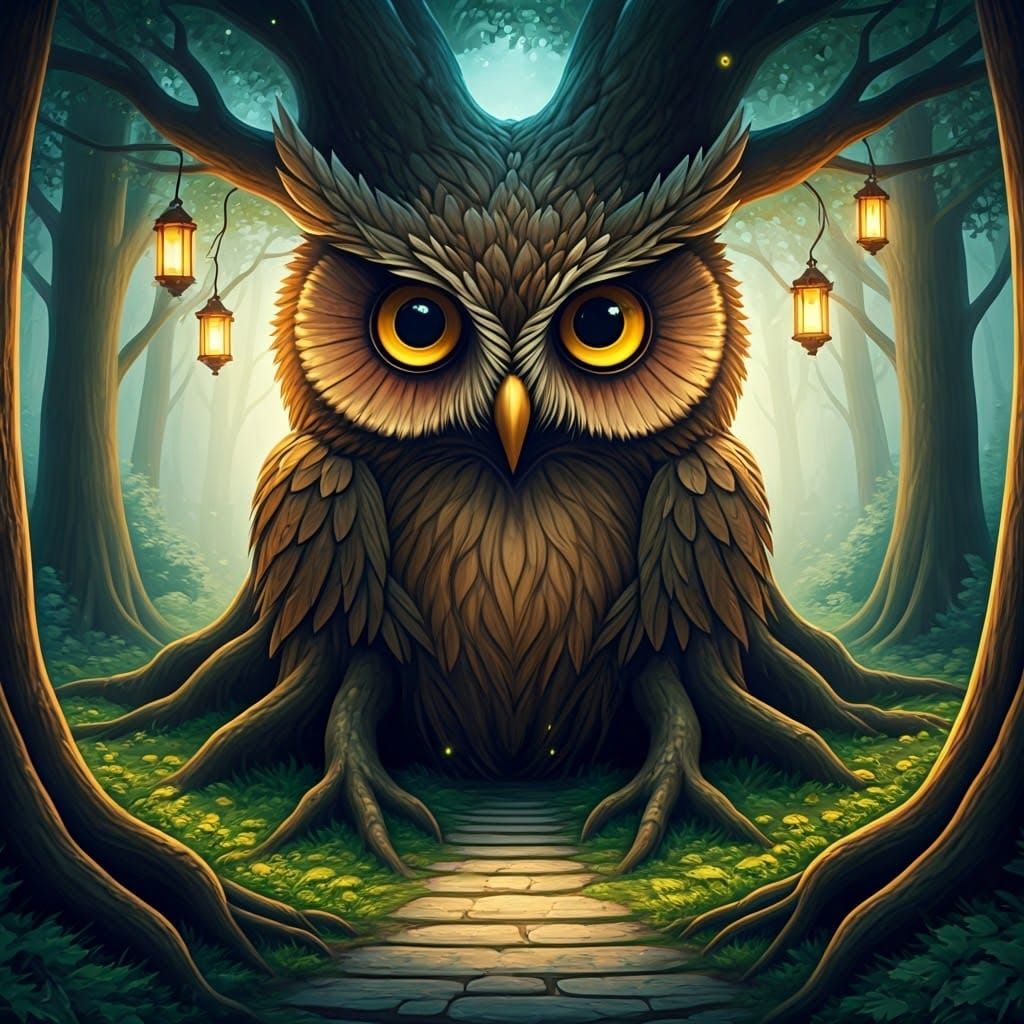 Ancient Tree Guardian in a Whimsical Fantasy Grove