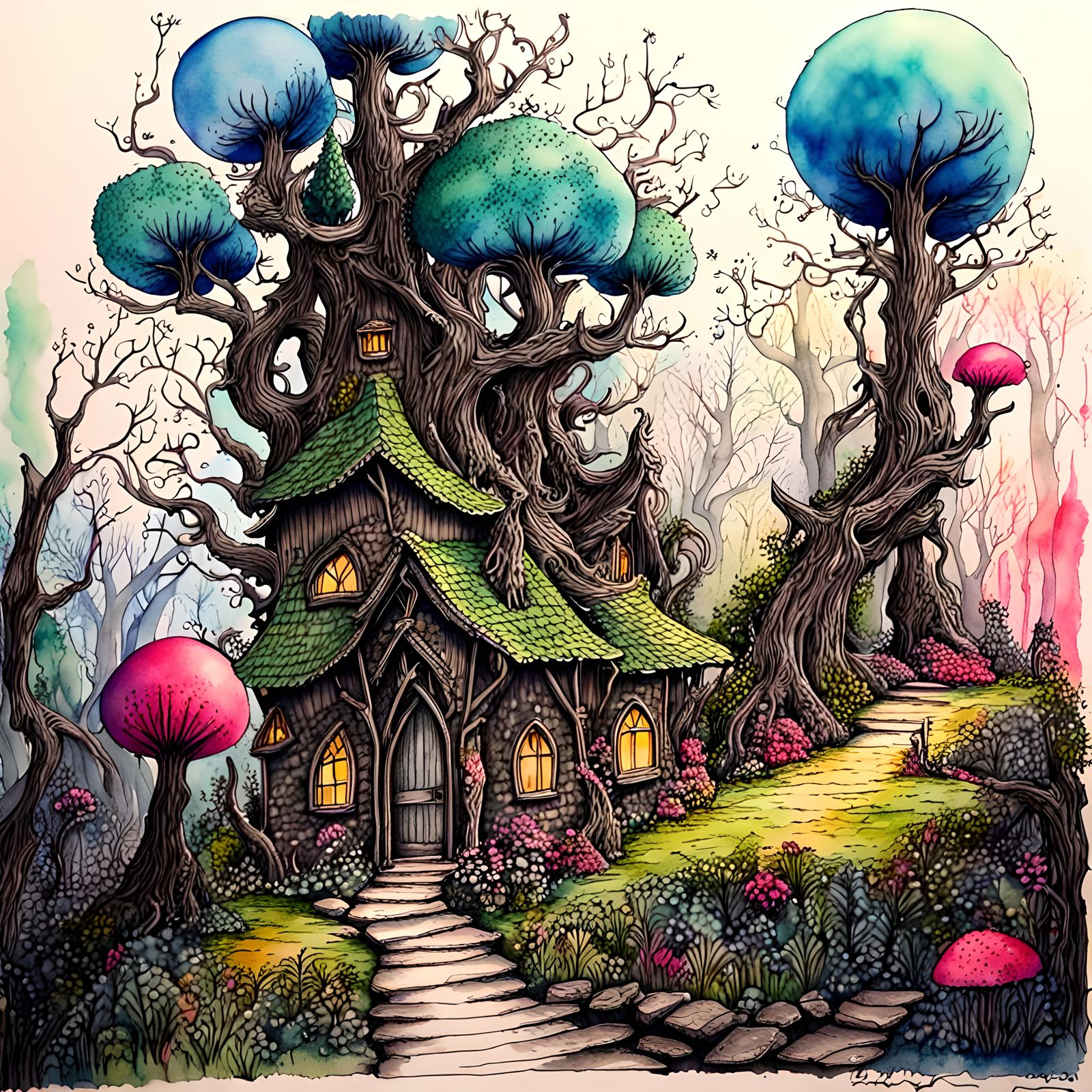 Fantasy fairy forest,
fantasy enchanted forest, fantasy enchanted world, bold pen and ink, bright bright watercolor,